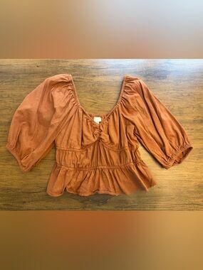 a new day Rust Orange Peasant Blouse with Puff Sleeves